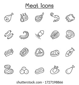 Meat, pork, beef, seafood icons set in thin line style