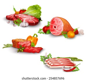 Meat pork and beef steaks with vegetables food set isolated vector illustration