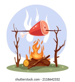 Meat pork leg cooking on open fire. Vector flat graphic design illustration