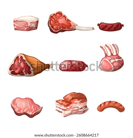 Meat pork set. Hand drawn illustration. Isolate on white background, clip art, vector.