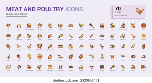 Meat and poultry colorful icons set. Color line icon for web and ui. Outline icons collection, Vector illustration. Icon names are written in English.