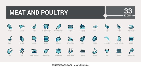 Meat and poultry colorful icons set. Color line icon for web and ui. Outline icons collection, Vector illustration. Icon names are written in English.