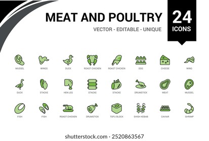 Meat and poultry colorful icons set. Color line icon for web and ui. Outline icons collection, Vector illustration. Icon names are written in English.