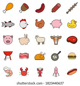 Meat, poultry, fish and eggs - flat web icon set. Outline icons collection. Simple vector illustration.