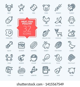 Meat, Poultry, Fish And Eggs - Minimal Thin Line Web Icon Set. Outline Icons Collection. Simple Vector Illustration.