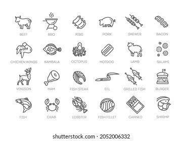 Meat, poultry, fish and eggs - minimal thin line web icon set