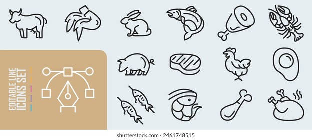 Fleisch, Geflügel, Fisch und Eier - Minimal Thin Line Web Icon Set