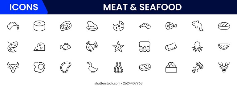 Meat, poultry, fish and eggs - minimal thin line web icon set. Outline icons collection.Simple vector illustration.