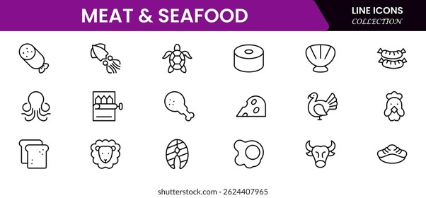 Meat, poultry, fish and eggs - minimal thin line web icon set. Outline icons collection.Simple vector illustration.