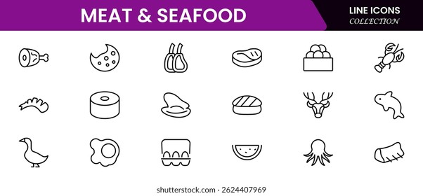 Meat, poultry, fish and eggs - minimal thin line web icon set. Outline icons collection.Simple vector illustration.