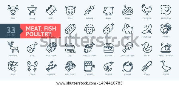 Meat,\
poultry, fish and eggs - minimal thin line web icon set. Outline\
icons collection. Simple vector\
illustration.
