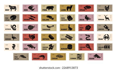 Meat  poultry  fish   eggs stickers   labels  Different color packaging for food preparing   culinary  chicken  fish  beef  pork  poultry  pig product for selling vector set 
