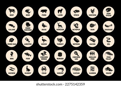Meat  poultry  fish   eggs stickers   labels  Black   white color packaging for food preparing   culinary  Chicken  fish  beef  pork  poultry  pig product for selling vector set 