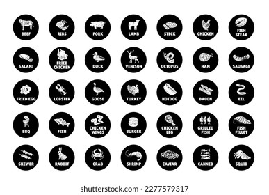 Meat  poultry  fish   eggs stickers   labels  Black   white color packaging for food preparing   culinary  Chicken  fish  beef  pork  poultry  pig product for selling vector set 