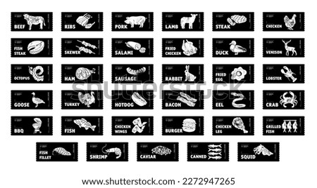 Meat, poultry, fish and eggs stickers and labels. Black and white color packaging for food preparing and culinary. Chicken, fish, beef, pork, poultry, pig product for selling vector set.