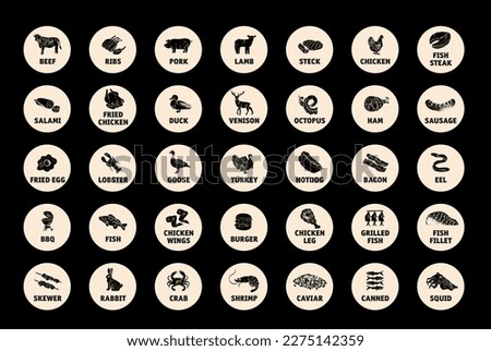 Meat, poultry, fish and eggs stickers and labels. Black and white color packaging for food preparing and culinary. Chicken, fish, beef, pork, poultry, pig product for selling vector set.