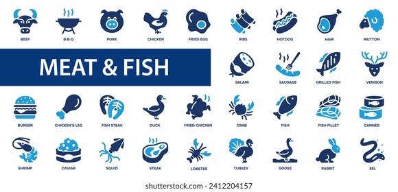 Fleisch, Geflügel, Fisch flache Symbole Set. Chiken, Steak, Hot Dog, Eier, BBQ Symbole und mehr Zeichen. Kollektion von Flachsymbol.