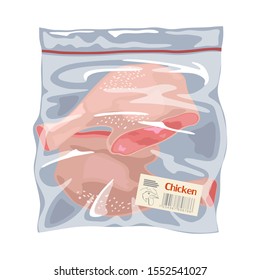 Meat poultry freeze in disposable polyethylene packing. Chicken leg quaters or drumsticks for frying, roasting, grilling, boiling, smoking. Cartoon vector illustration isolated on white background.