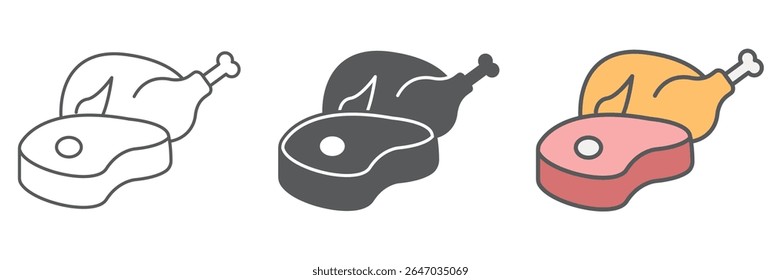 Meat and poultry icon collection, chicken meat and steak, beef sign vector set graphics, editable stroke linear icon, eps 10