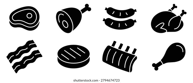 Meat and poultry icons set with steak, ham, sausage, whole chicken, bacon, burger patty, ribs, and drumstick, silhouette vector illustration for food design.