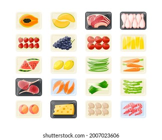 Meat, Poultry, Seafood, Vegetables, Fruits And Berries, Set Of Supermarket Food Product Packaging. Vector Illustration Cartoon Flat Icon Collection Isolated On White Background.