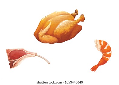 Meat Prawn Roasted Chicken vector illustration isolated on white background