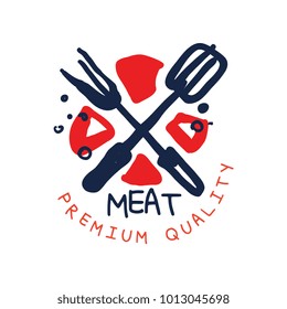 Meat premium quality logo template, vintage label colorful hand drawn vector Illustration
