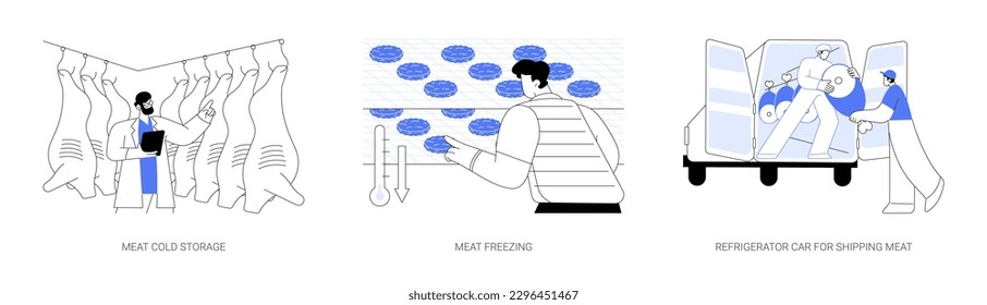 Meat preservation and storage abstract concept vector illustration set. Meat cold storage and freezing, refrigerator car for meat shipping, semi-finished food products abstract metaphor.