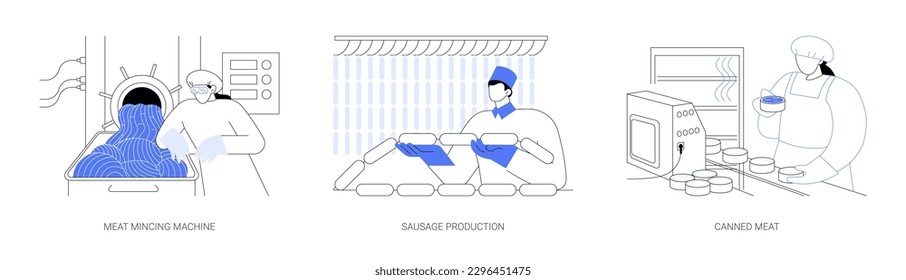 Meat processing abstract concept vector illustration set. Meat mincing machine, sausage production, canned beef, food factory, fresh organic pork products, conserved meal abstract metaphor.