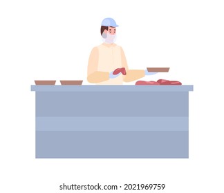 Meat Processing Factory Worker Packaging Pieces Of Meat Into Food Trays, Cartoon Vector Illustration Isolated On White Background. Meat Plant Worker Packing Products.