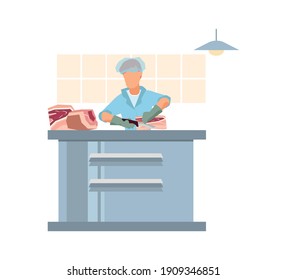 Meat processing plant flat composition with factory kitchen equipment with worker in uniform carving meat vector illustration