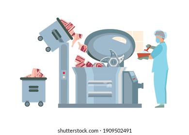 Meat Processing Plant Flat Composition With Factory Kitchen Equipment With Worker In Uniform Making Meat Products Vector Illustration