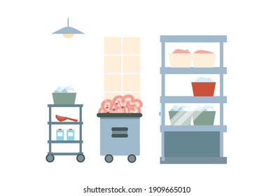 Meat processing plant flat composition with factory kitchen equipment with machinery for making meat products vector illustration