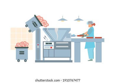 Meat processing plant flat composition with factory kitchen equipment with workers in uniform making meat products vector illustration