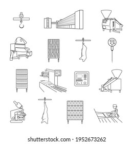 Meat Processing Plant, Set Of Vector Icons. Processing Of Meat Into Sausages. Industrial Equipment, Meat Grinder, Packaging, Multivac, Gas,. People Are Working. Carcass Of Pork, Beef. Meat Industry.