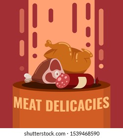 Meat product banner. Beef and pork sausage and salami, bacon. Butchery meat banner vector.