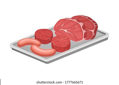 Meat Product with Beef Slab and Sausage Products Rested on Metal Tray Vector Illustration