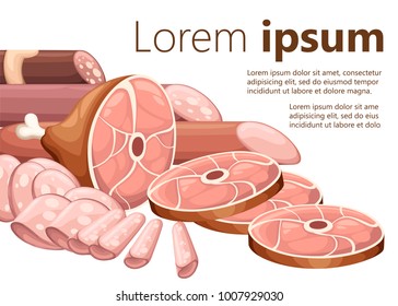 Meat product collection sausages smoked meat ham and and sliced pieces flat vector illustration isolated on white background with place for your text web site page and mobile app design