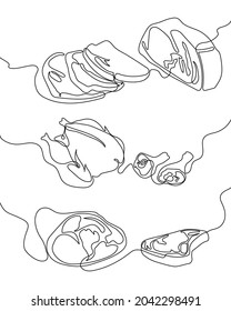 Meat Product Continuous Line Drawing Set. One Line Art Of Veal, Pork, Beef, Raw, Chopped Meat, Chicken, Sausage, Lard.