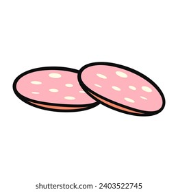 Meat product of food colorful set. This captivating meat-themed illustration showcases perfectly arranged slices of sausage against a pristine white background. Vector illustration.