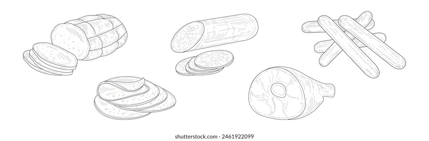 Meat Product with Ham, Wurst and Sausage Vector Set