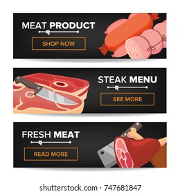 Meat Product Horizontal Promo Banners Vector. Beef And Pork Sausage. For Butcher Shop Promo. Isolated Illustration