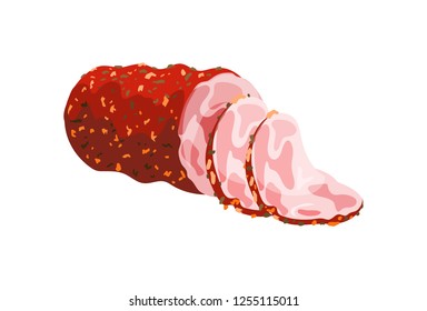 Meat product icon. Fresh and prepared meatloaf. Sliced kielbasa vector illustration isolated on white background.