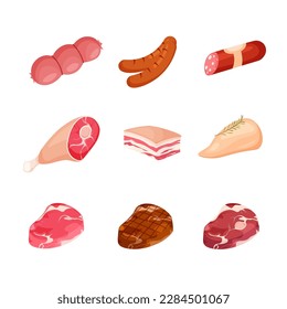 Meat product icon set. Steaks, pork bacon, chicken, sausage. Meal shop. Vector illustration in trendy flat style isolated on white background.