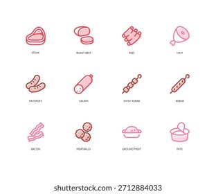 Conjunto de ícones de produto de carne. Ilustração vetorial. Símbolo de cor plana moderna. Cozimento e coleta de proteína. Pictogramas de bife, carne assada, costelas, presunto, salsicha, salame, kebab shish, bacon, almôndegas