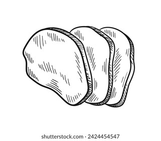 Producto cárnico lineal. Esbozo dibujado a mano de carne de res o cerdo. Producto natural y orgánico. Creatividad minimalista y arte. Plantilla y disposición. Esbozar ilustración vectorial plana aislada en fondo blanco