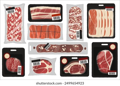 Meat product in plastic tray. Cartoon vacuum packed ground beef pork sausage, frozen and fresh cold raw lean steak chop, sausages and bacon slices vacuum pack. Vector isolated set.