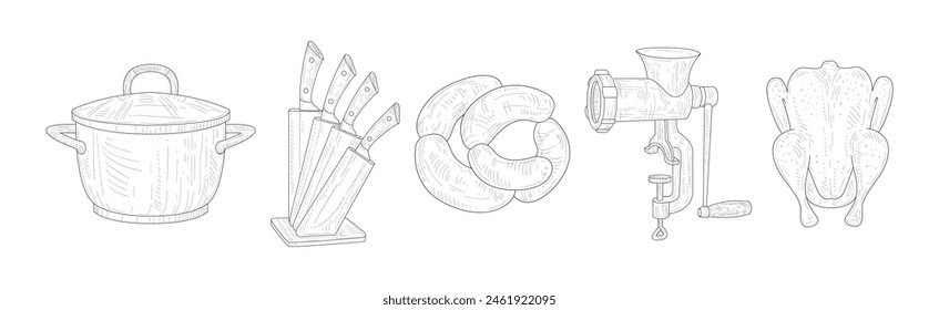 Meat Product with Pot and Knife for Cooking Vector Set