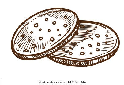 Meat product salami sausage slices isolated sketch vector cooking ingredient culinary recipe or cuisine breakfast or lunch and dinner snack or appetizer organic food dish. or meal element drawing