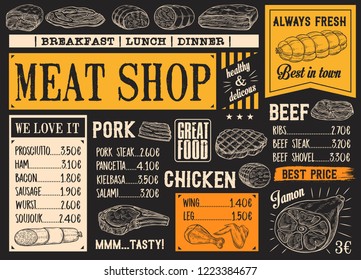 Meat product sketches on chalkboard. Vector beef steak and sausage, ham and pork bacon, salami and gamon, frankfurter and pepperoni, chicken. Butcher shop menu for breakfast, lunch or dinner